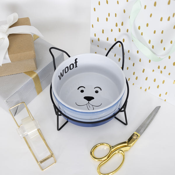Pavilion Gift Company Woof 27 Oz Ceramic Pet Bowl With Metal Stand
