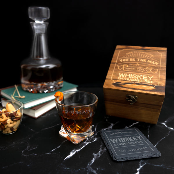 Pavilion Gift Company You're The Man Wooden Gift Box With Rocks Glass And Slate Coaster