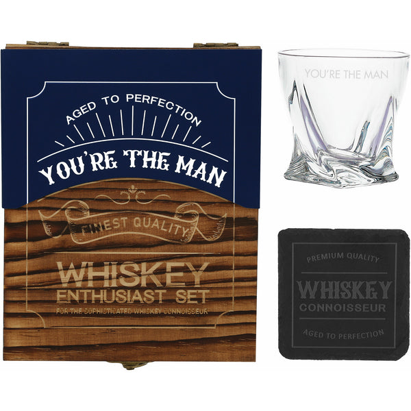 pavilion gift company You're the Man Wooden Gift Box with Rocks Glass and Slate Coaster