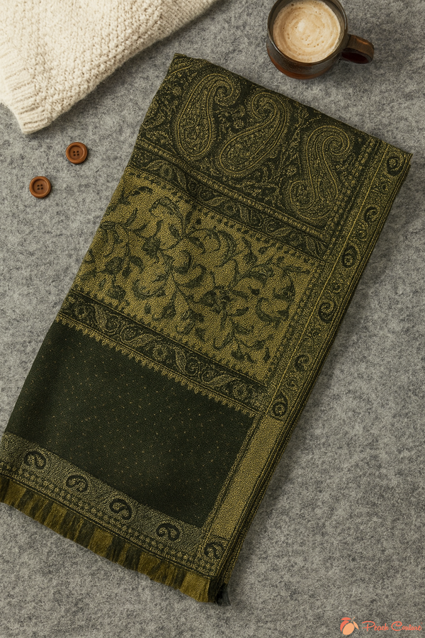 Peach Couture Black & Olive Thick 4-Ply Reversible Paisley Pashmina Shawl