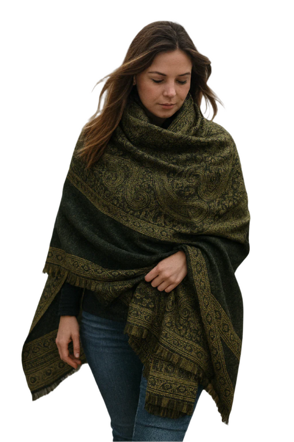peach couture Black & Olive Thick 4-Ply Reversible Paisley Pashmina Shawl