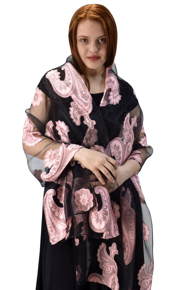 Peach Couture Black & Pink Sheer Embroidered Paisley Burnout Scarf