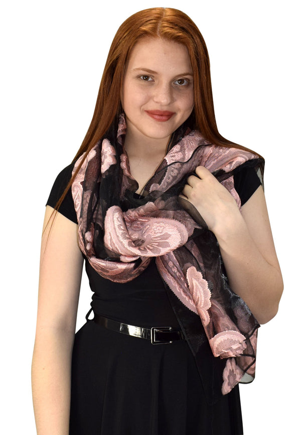 Peach Couture Black & Pink Sheer Embroidered Paisley Burnout Scarf