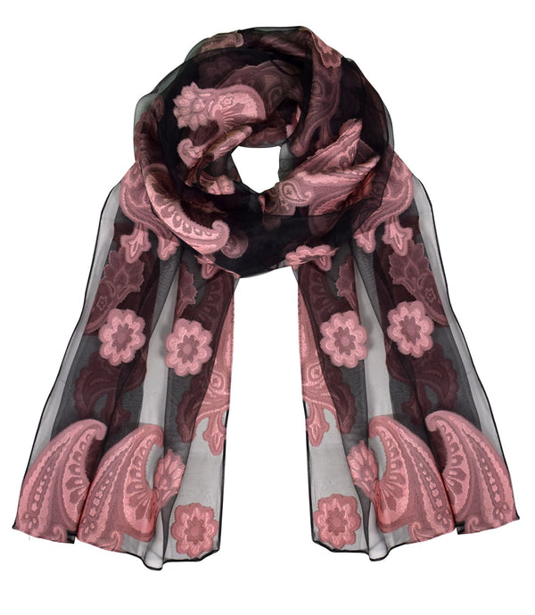 peach couture Black & Pink Sheer Embroidered Paisley Burnout Scarf