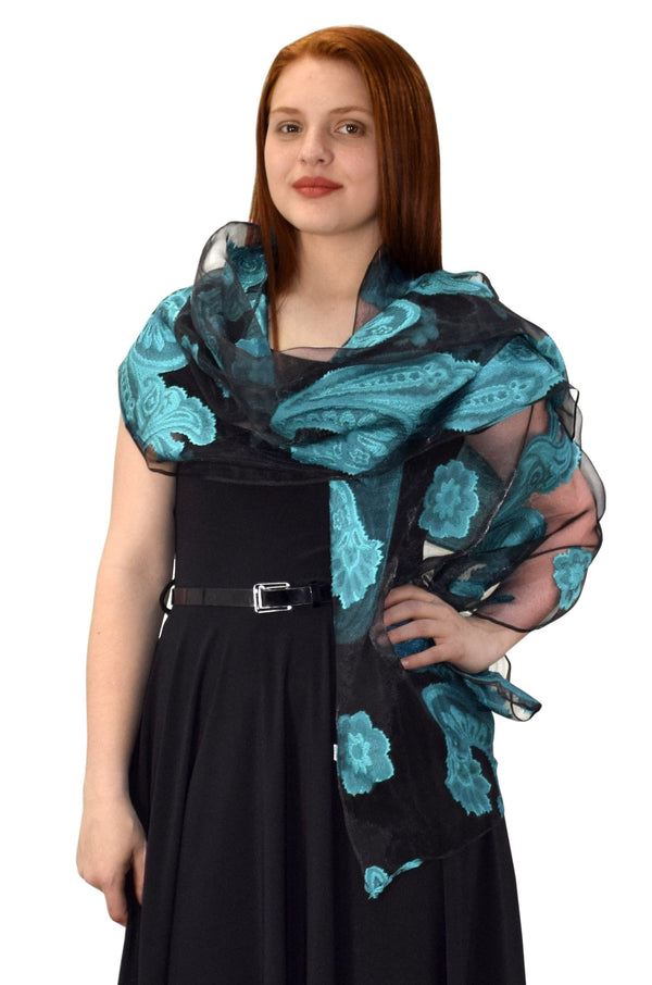 Peach Couture Black & Teal Sheer Embroidered Paisley Burnout Scarf