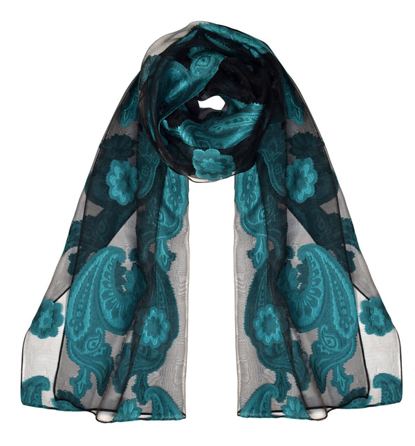 peach couture Black & Teal Sheer Embroidered Paisley Burnout Scarf