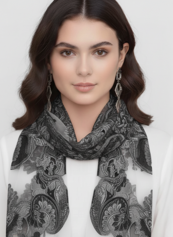 peach couture Black & White Floral Embroidered Burnout Scarf