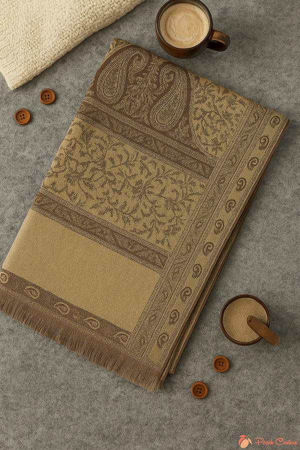 Peach Couture Brown & Tan Thick 4-Ply Reversible Paisley Pashmina Shawl