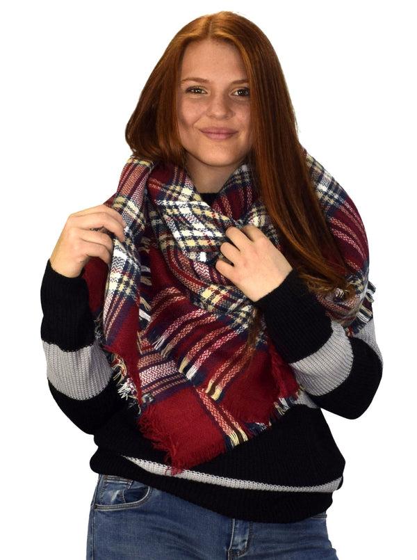 peach couture Cherry Red Warm Tartan Plaid Woven Oversized Fringe Scarf Blanket Shawl Wrap