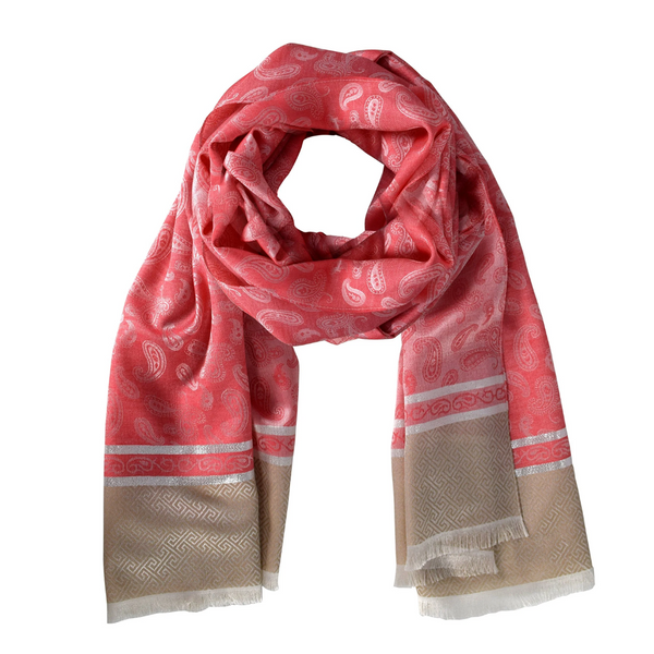 Peach Couture Coral Silky Tribal Paisley Fringe Scarf