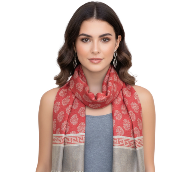 peach couture Coral Silky Tribal Paisley Fringe Scarf