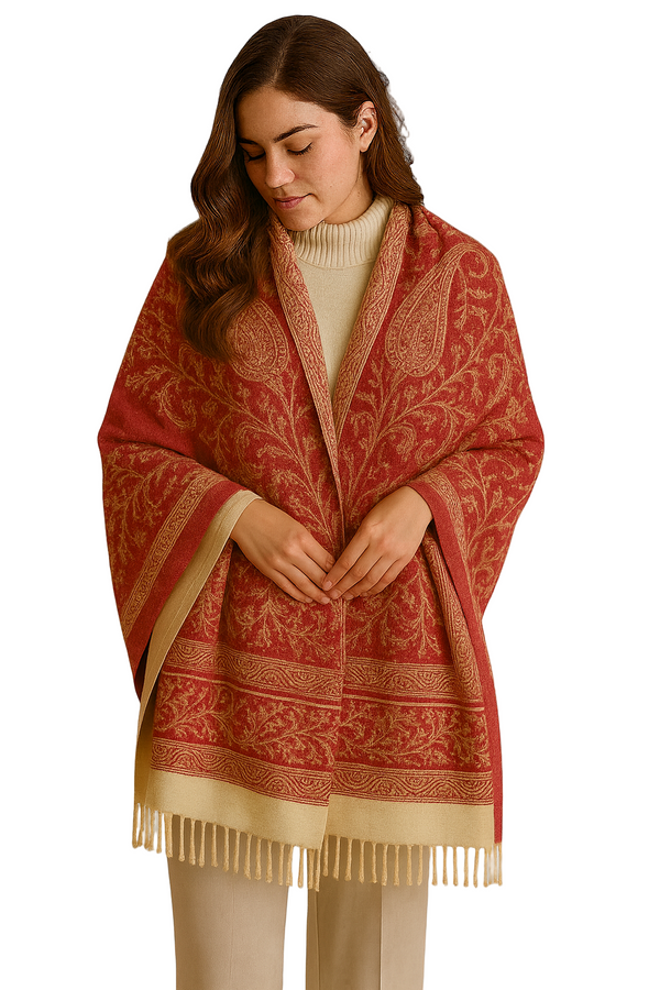 peach couture Cream & Pink Thick 4-Ply Reversible Paisley Pashmina Shawl