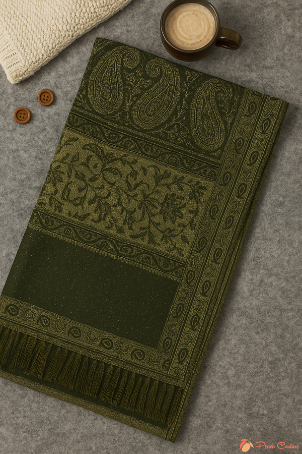 Peach Couture Dark Green & Tan Thick 4-Ply Reversible Paisley Pashmina Shawl
