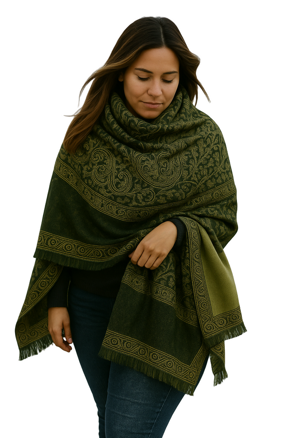 Peach Couture Dark Green & Tan Thick 4-Ply Reversible Paisley Pashmina Shawl