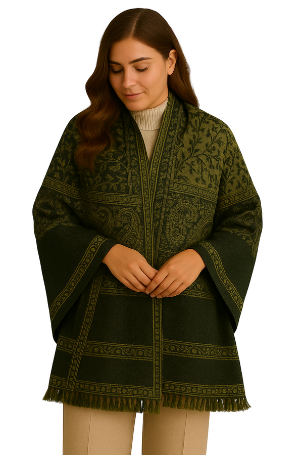 peach couture Dark Green & Tan Thick 4-Ply Reversible Paisley Pashmina Shawl