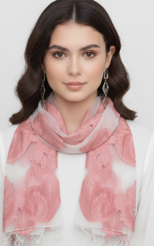 peach couture Floral Embroidered Burnout Summer Scarf