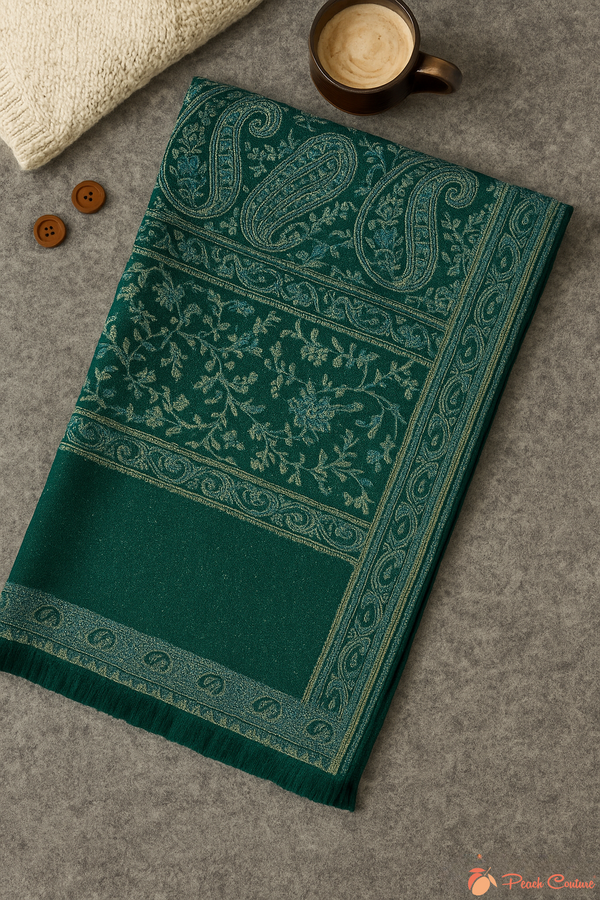 Peach Couture Forest Green & Tan Thick 4-Ply Reversible Paisley Pashmina Shawl