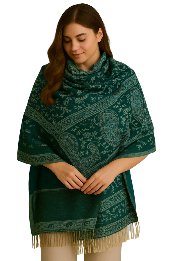 Peach Couture Forest Green & Tan Thick 4-Ply Reversible Paisley Pashmina Shawl
