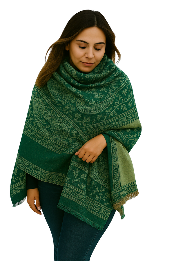 peach couture Forest Green & Tan Thick 4-Ply Reversible Paisley Pashmina Shawl