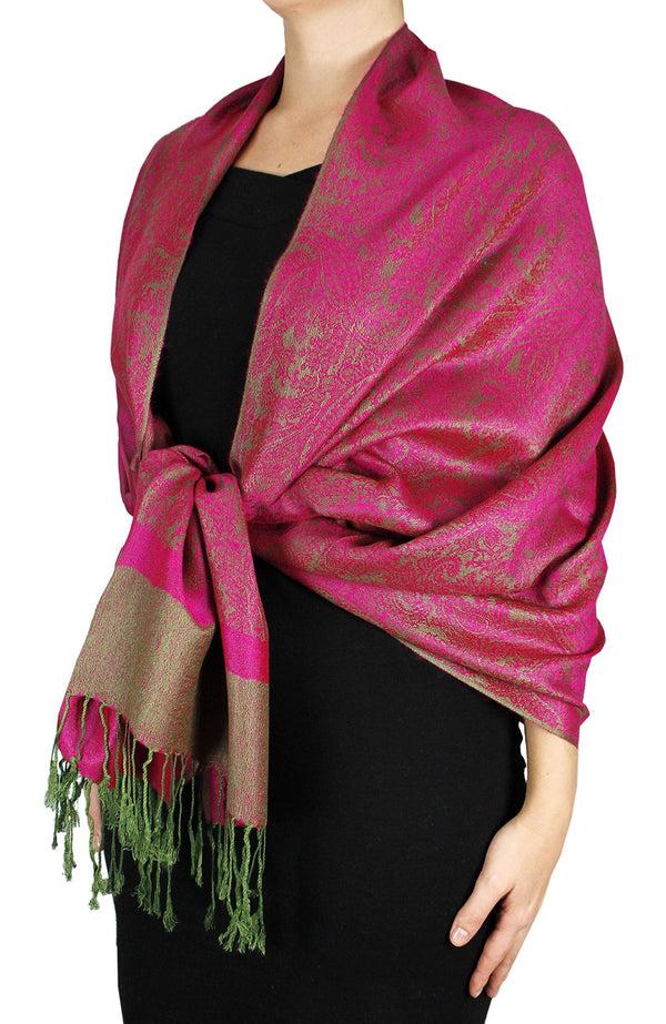 peach couture Fuchsia and Green Peach Couture Elegant Vintage Two Color Jacquard Paisley Pashmina Shawl Wrap