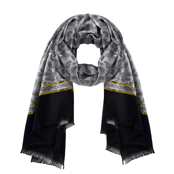 Peach Couture Gray Silky Tribal Paisley Fringe Scarf