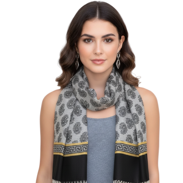 peach couture Gray Silky Tribal Paisley Fringe Scarf