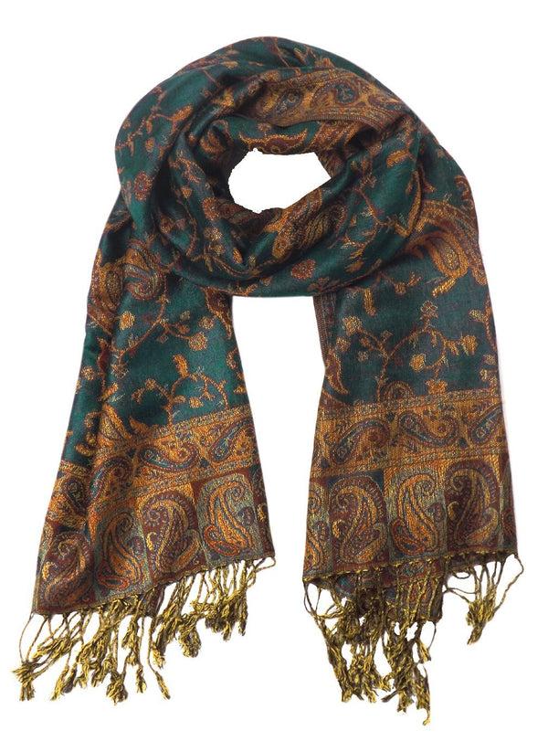 peach couture Green & Gold Reversible Paisley Pashmina Shawl