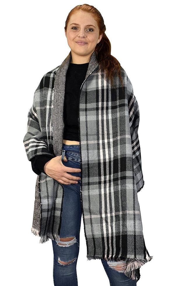 peach couture Grey Black Reversible Oversized Plaid Tartan Herringbone Blanket Scarf