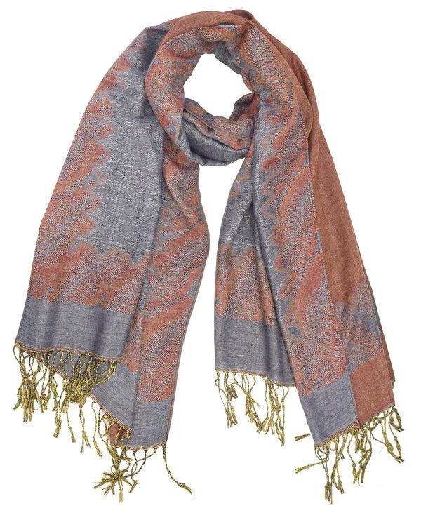 peach couture Grey/Rust Reversible Jacquard Paisley Pashmina Shawl