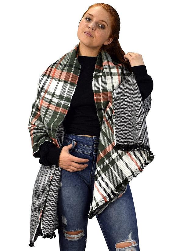 peach couture Hunter Green Reversible Oversized Plaid Tartan Herringbone Blanket Scarf