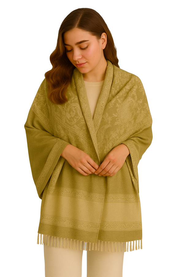Peach Couture Khaki & Tan Thick 4-Ply Reversible Paisley Pashmina Shawl