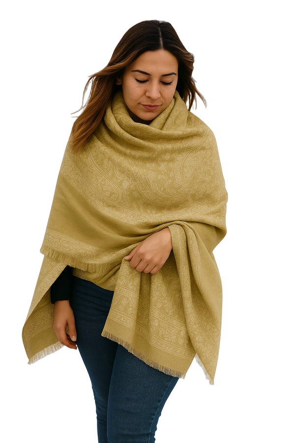 peach couture Khaki & Tan Thick 4-Ply Reversible Paisley Pashmina Shawl