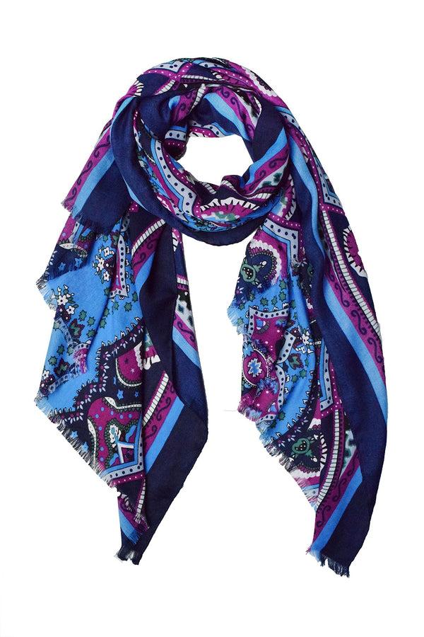 Peach Couture Light Blue/Magenta/Navy Paisley Damask Fringe Scarf