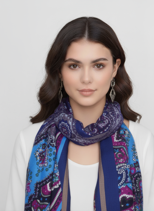 peach couture Light Blue/Magenta/Navy Paisley Damask Fringe Scarf