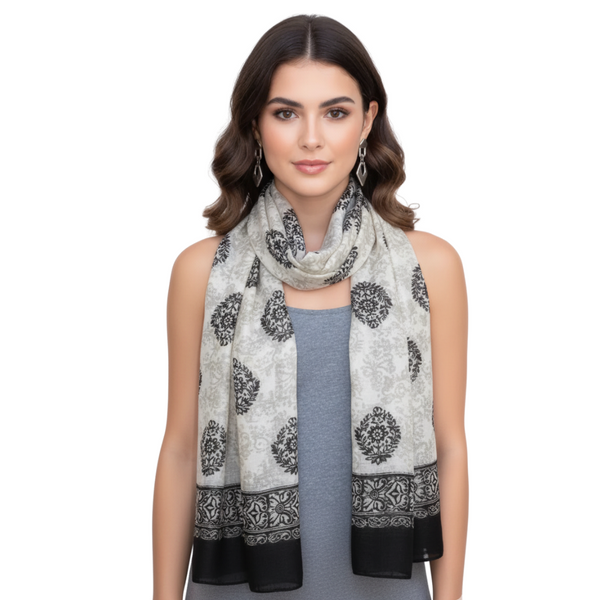 peach couture Off White & Black Tribal Flower Paisley Scarf
