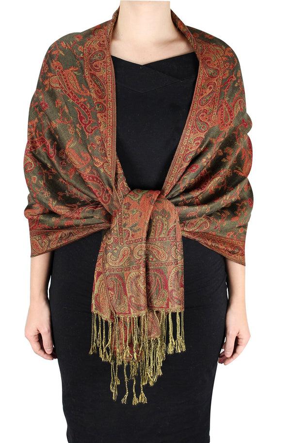 peach couture Olive Double Layer Reversible Paisley Pashmina Shawl