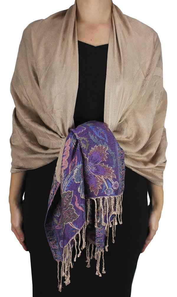 Peach Couture Paisley Floral Border Reversible Pashmina Shawl