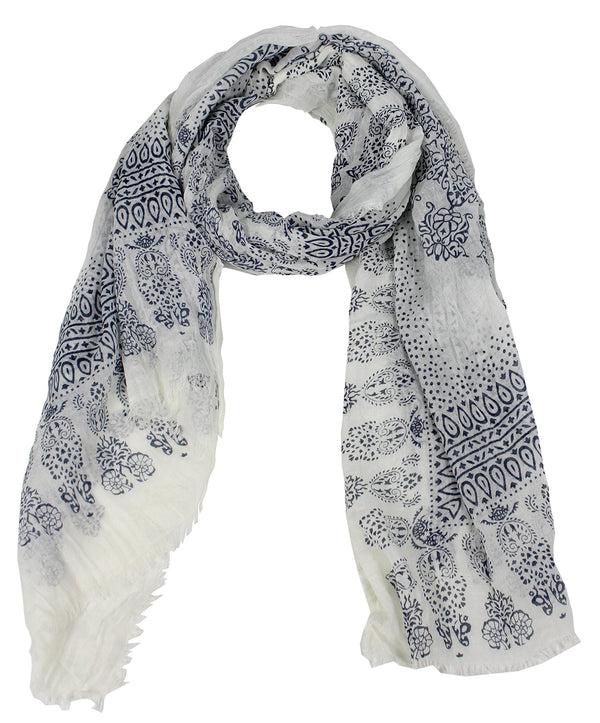 Peach Couture Blue Henna Paisley Fringe Scarf