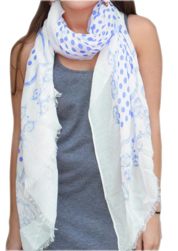 Peach Couture Blue Polka Dot Paisley Fringe Scarf