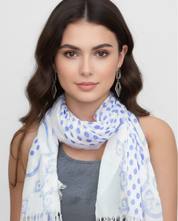 peach couture Blue Polka Dot Paisley Fringe Scarf