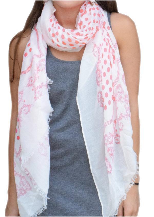 Peach Couture Coral Polka Dot Paisley Fringe Scarf