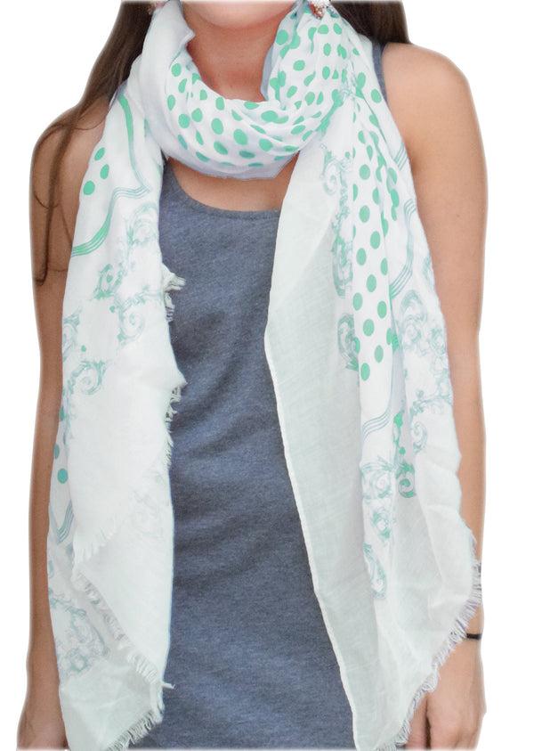 Peach Couture Mint Polka Dot Paisley Fringe Scarf
