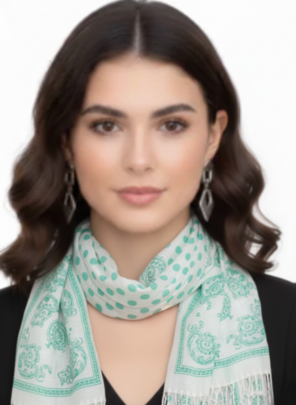 peach couture Mint Polka Dot Paisley Fringe Scarf