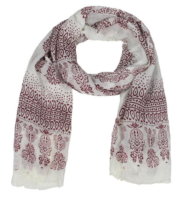 Peach Couture Wine Henna Paisley Fringe Scarf