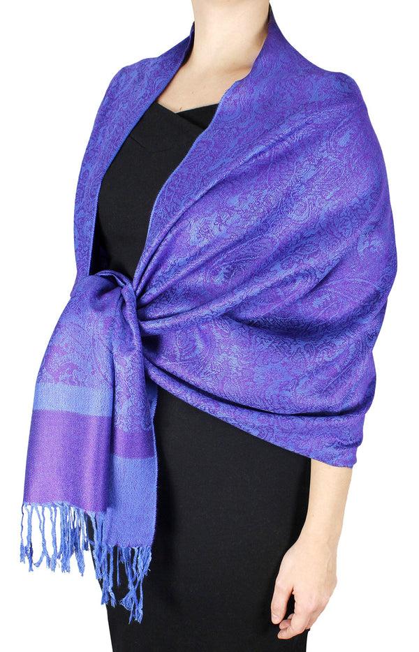 peach couture Purple/Blue Reversible Double Layer Jacquard Paisley Shawl