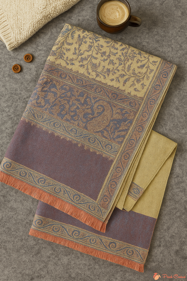 Peach Couture Purple & Coral Thick 4-Ply Reversible Paisley Pashmina Shawl