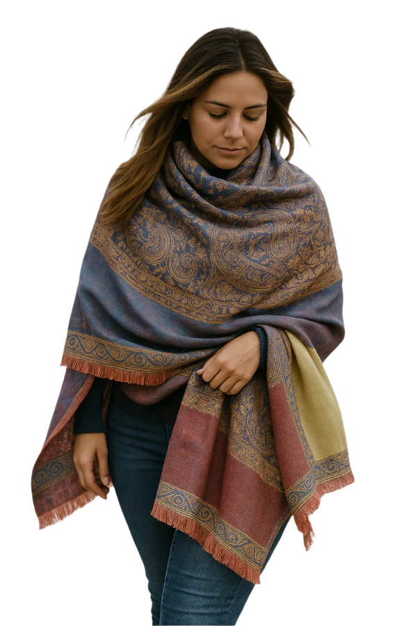 peach couture Purple & Coral Thick 4-Ply Reversible Paisley Pashmina Shawl