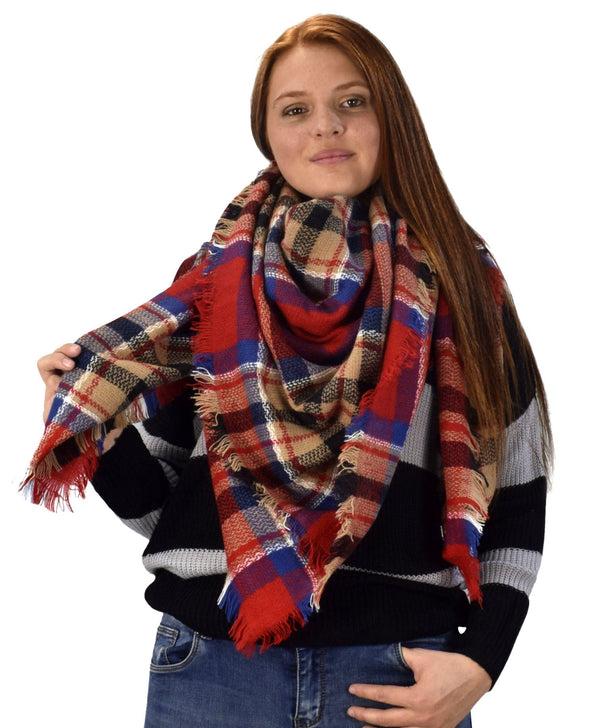 peach couture Red Black Warm Tartan Plaid Woven Oversized Fringe Scarf Blanket Shawl Wrap