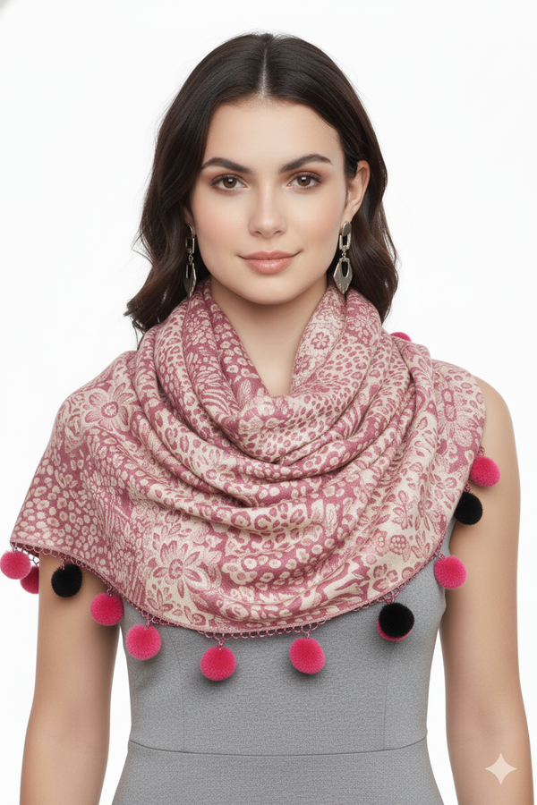 Peach Couture Retro Floral Animal Print Pashmina With Faux Fur Poms