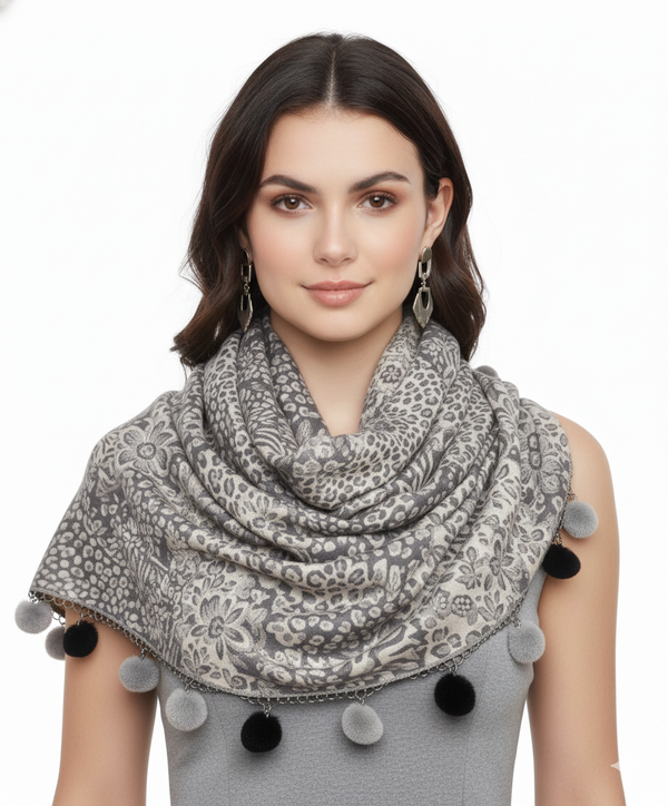 Peach Couture Retro Floral Animal Print Pashmina With Faux Fur Poms